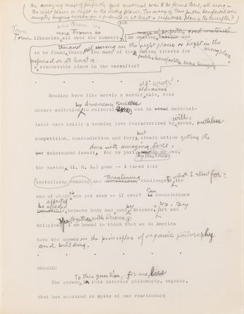 Lot #441 Frank Lloyd Wright Hand-Corrected Typed Draft for 'The New Architecture: A Testament' - The 