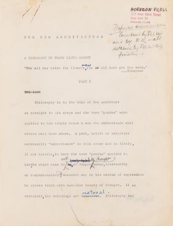 Lot #441 Frank Lloyd Wright Hand-Corrected Typed Draft for 'The New Architecture: A Testament' - The 