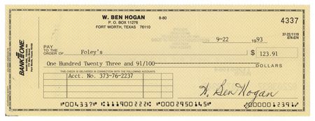 Lot #778 Ben Hogan Signed Check
