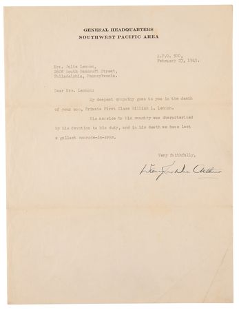 Lot #316 Douglas MacArthur War-Dated Typed Letter Signed, Consoling the Mother of a Fallen Army PFC - Image 1