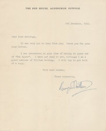 Lot #526 Benjamin Britten Typed Letter Signed