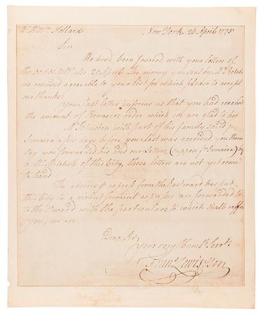 Lot #149 Francis Lewis Autograph Letter Signed on NYC's Reaction to the Battles of Lexington and Concord: 