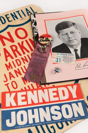 Lot #37 John F. Kennedy Presidential Inauguration Archive: 'No Parking' Street Sign, Parade Ticket Stub, Deluxe Program, Pins, and Bumper Sticker - Image 1