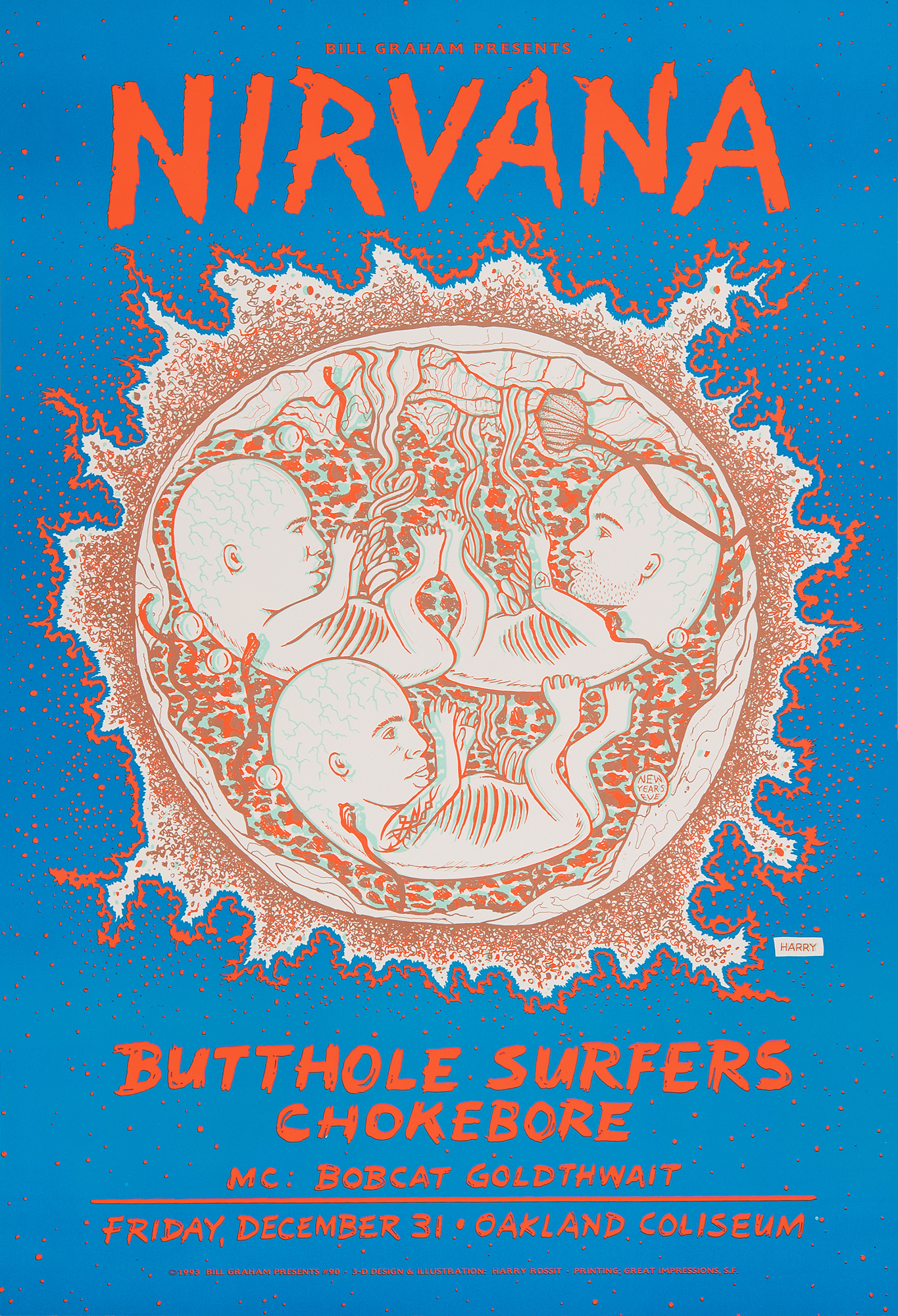 Nirvana 1993 New Year's Eve Oakland Coliseum Concert Poster with