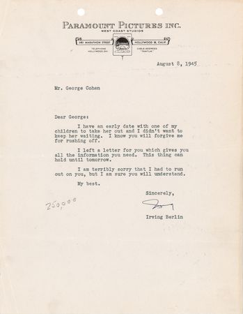 Lot #7181 Irving Berlin Typed Letter Signed