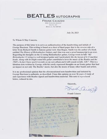 Lot #7023 George Harrison Autograph Note Signed on His Rickenbacker 12-String Guitar: 