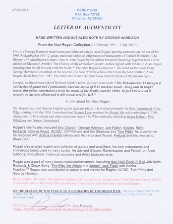 Lot #7023 George Harrison Autograph Note Signed on His Rickenbacker 12-String Guitar: 