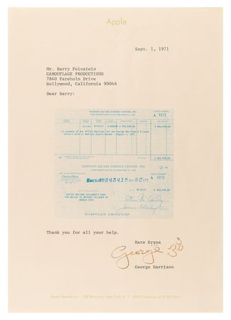 Lot #7030 George Harrison Typed Letter Signed on Funds Raised by The Concert for Bangladesh to Photographer Barry Feinstein - Image 1