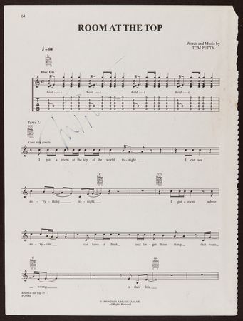 Lot #7289 Tom Petty Signed Sheet Music Page - 'Room at the Top' - Image 1