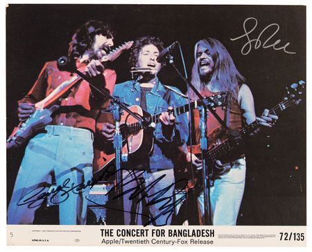 Lot #7242 The Concert For Bangladesh: George Harrison, Bob Dylan, and Leon Russell Signed Mini Lobby Card - Image 1