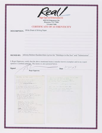 Lot #7311 Sex Pistols: Johnny Rotten Original Handwritten Lyrics for 'Holidays in the Sun' and 'Submission,' Classic Tracks from Never Mind the Bollocks, Here's the Sex Pistols - Image 4