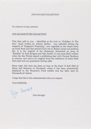 Lot #7311 Sex Pistols: Johnny Rotten Original Handwritten Lyrics for 'Holidays in the Sun' and 'Submission,' Classic Tracks from Never Mind the Bollocks, Here's the Sex Pistols - Image 5