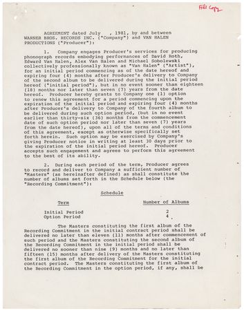 Lot #7304 Eddie Van Halen Document Signed - Warner Bros. Records Contract (1981) - Image 2