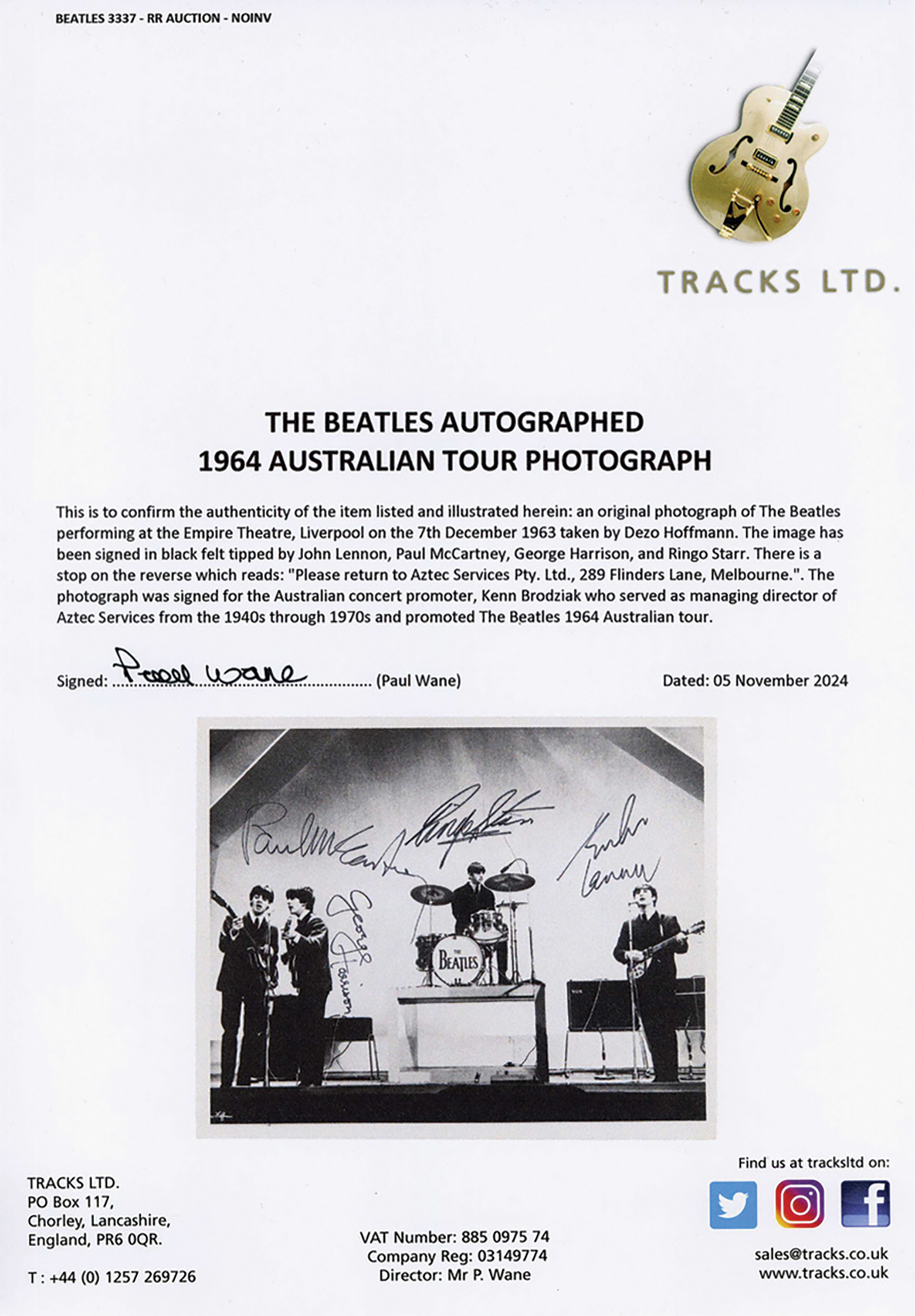 Lot #7008 Beatles Amazing Signed Photograph for 1964 Australian Tour Promoter - 