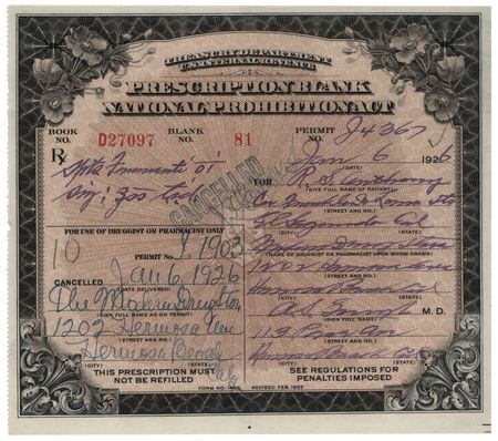 Lot #267 Prohibition: 1926 Liquor Prescription for