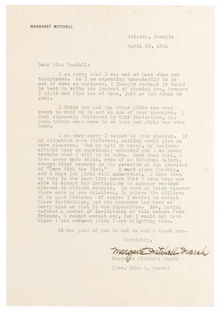 Lot #435 Margaret Mitchell Typed Letter Signed on 'Gone With the Wind' and Speaking Engagements - Image 1
