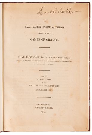 Lot #138 Charles Babbage Signed Book - An Examination of Some Questions Connected with Games of Chance - Image 4