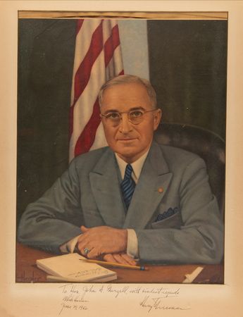 Lot #109 Harry S. Truman Signed Oversized Artistic Print as President - Image 1