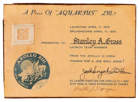 Lot #355 Apollo 13 Crew-Signed Flown Lunar Module Netting Presentation - Image 1