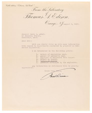 Lot #144 Thomas Edison World War I-Dated Typed Letter Signed on Submarine Explosives - Image 1