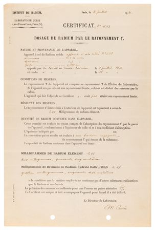 Lot #143 Marie Curie Document Signed - Certificate