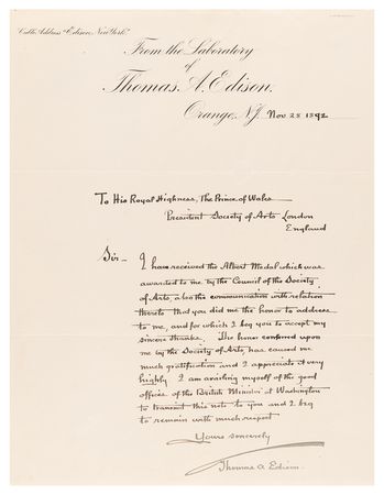 Lot #145 Thomas Edison Autograph Letter Signed to the Prince of Wales: 