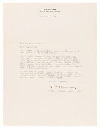 Lot #160 Robert Oppenheimer Typed Letter Signed to