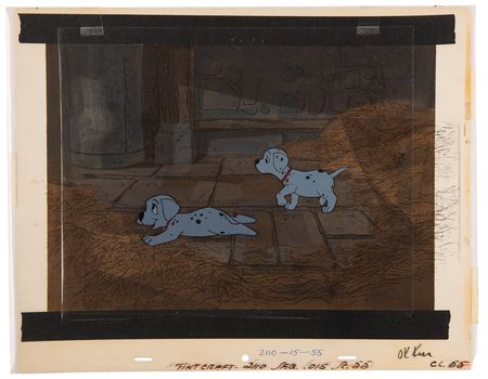 Lot #811 Puppies production cels and production background from One Hundred and One Dalmatians: Multilayered puppy cels with hand-painted barn background for One Hundred and One Dalmatians - Image 1