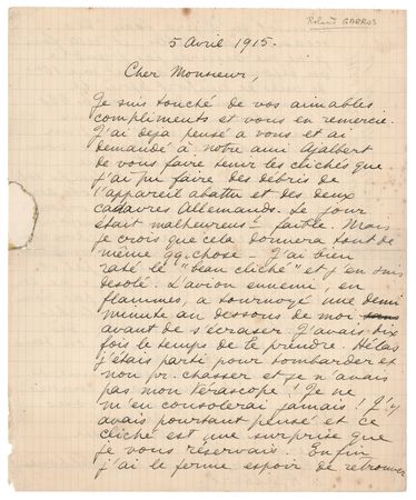 Lot #319 Roland Garros Autograph Letter Signed on His First Aerial Victory in World War I: 
