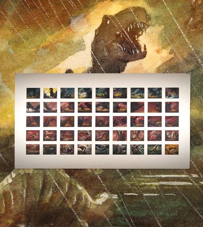 Lot #765 Tyrannosaurus and Stegosaurus battle sequence (45) production storyboard paintings from Fantasia - Image 1