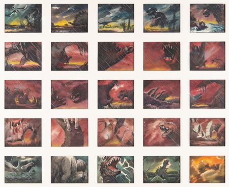 Lot #765 Tyrannosaurus and Stegosaurus battle sequence (45) production storyboard paintings from Fantasia - Image 4