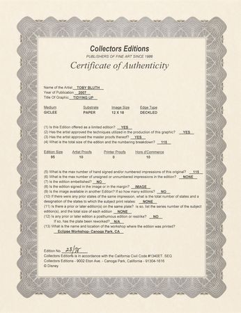 Lot #870 Toby Bluth signed limited edition giclee from Snow White and the Seven Dwarves - 'Tidying Up' (#28/95) - Image 3