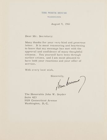 Lot #19 John F. Kennedy Typed Letter Signed as President to Hon. John Snyder, Thanking Him for Support During the Berlin Crisis - Image 1