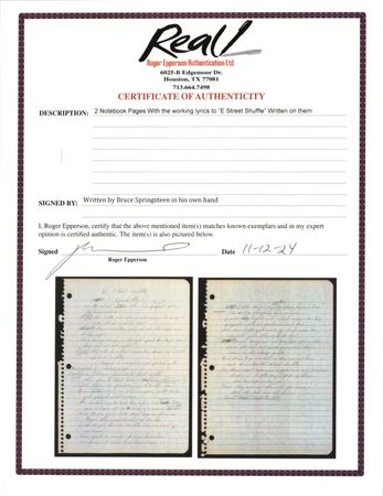 Lot #476 Bruce Springsteen Handwritten Working Lyrics for the 