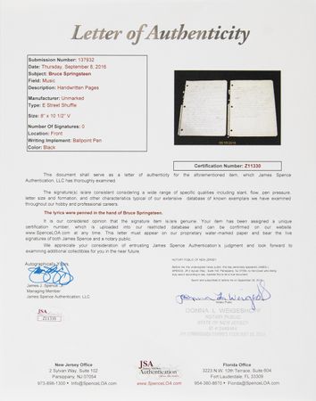 Lot #476 Bruce Springsteen Handwritten Working Lyrics for the 