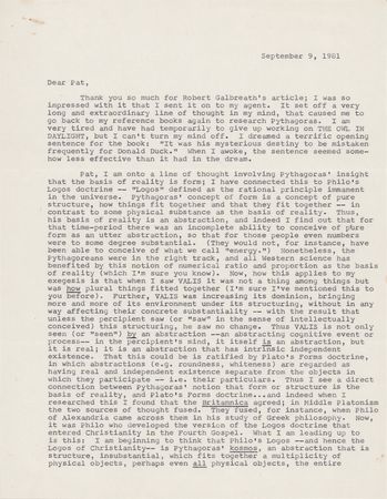 Lot #428 Philip K. Dick Typed Letter Signed on VALIS, Philosophy, and Religion - Image 2