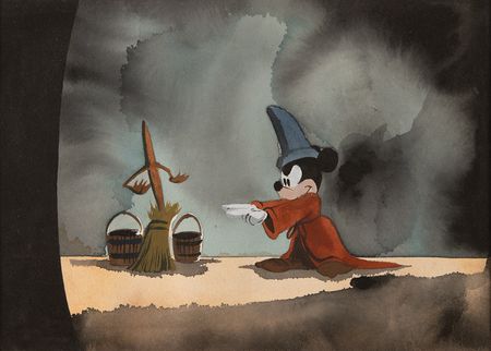 Lot #759 Mickey Mouse concept painting from Fantasia: Large and magical early concept painting of Mickey the wizard during the 'Sorcerer's Apprentice' segment of Fantasia - Image 1