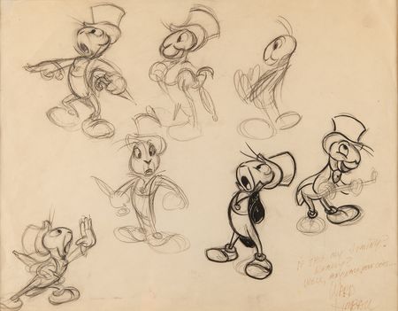 Lot #842 Jiminy Cricket model sheet drawing from Pinocchio signed by Ward Kimball Model Sheet Drawing - Image 1