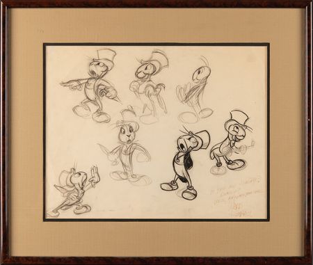 Lot #842 Jiminy Cricket model sheet drawing from Pinocchio signed by Ward Kimball Model Sheet Drawing - Image 3
