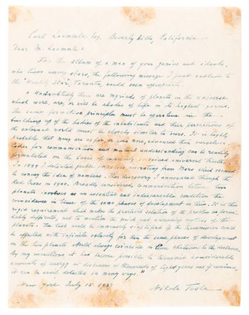 Lot #155 Nikola Tesla Autograph Letter Signed on Extraterrestrial Life: 