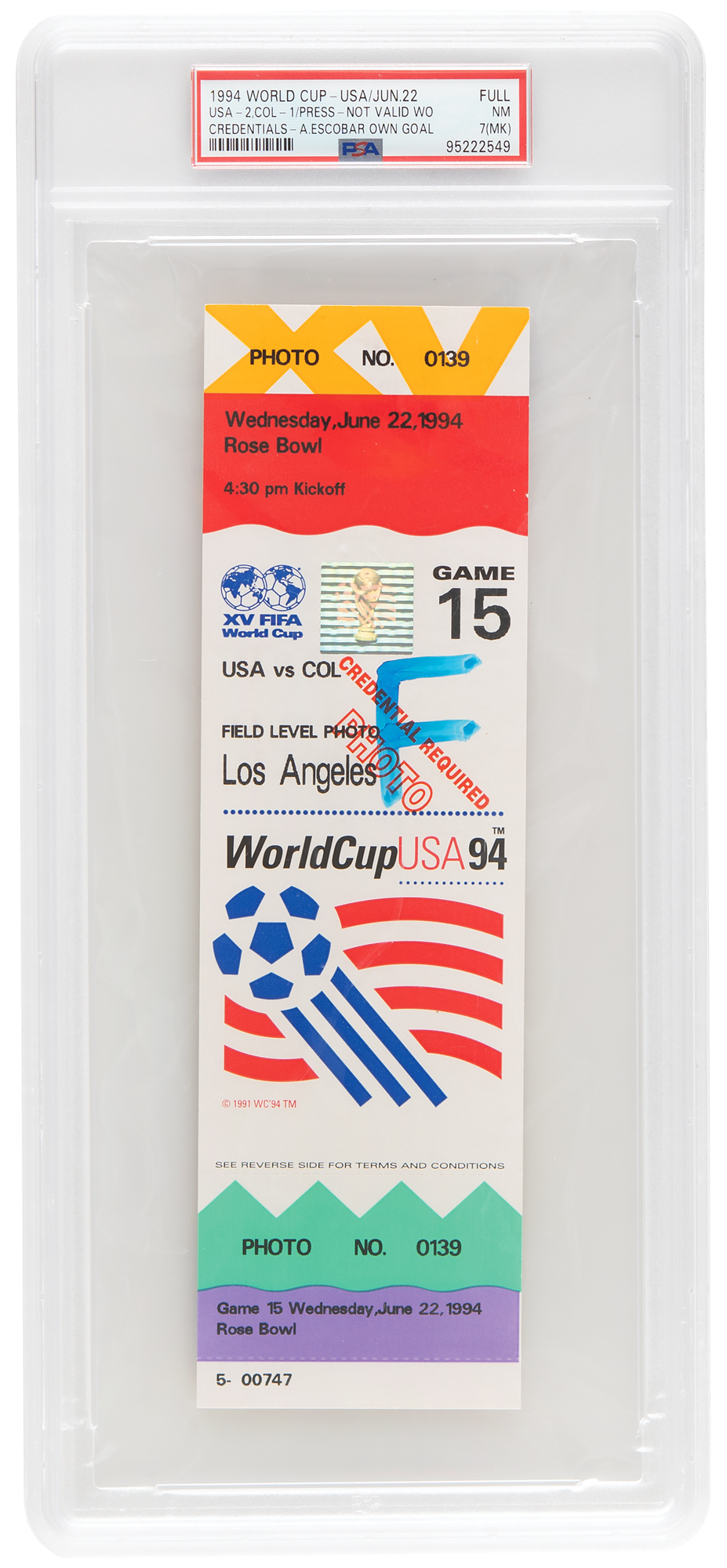 1994 World Cup - USA vs. Colombia (A. Escobar Own Goal) Ticket - PSA