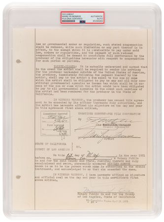 Lot #1212 Marilyn Monroe Signed 1951 Contract Page