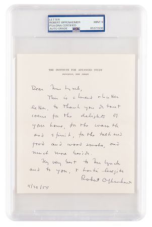 Lot #1066 Robert Oppenheimer Autograph Letter Signed After His Visiting Fellowship at Phillips Exeter Academy (1955) - PSA MINT 9 - Image 1