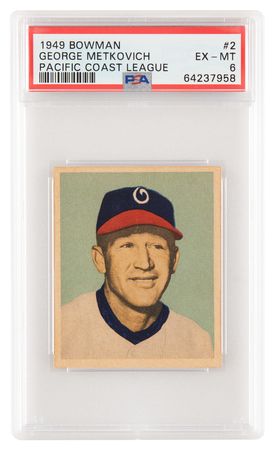 Lot #1242 1949 Bowman Pacific Coast League #2 George Metkovich PSA EX-MT 6 - Image 1