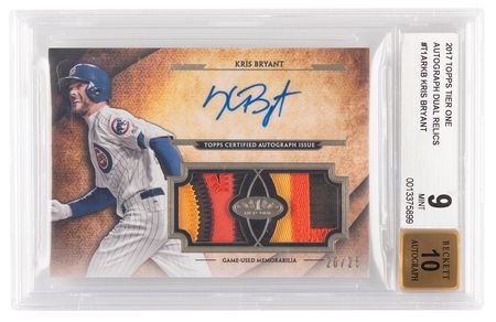 Lot #1263 2017 Topps Tier One Autograph Dual Relics Kris Bryant Autograph/Patch (#20/25) BGS MINT 9/10 - Image 1