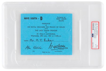 Lot #1295 Princess Diana and King Charles III Wedding Ticket - PSA VG-EX 4 - Image 1