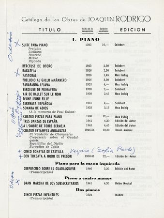 Lot #560 Joaquin Rodrigo Annotated and Signed Catalog - Image 2