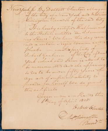 Lot #157 DeWitt Clinton Document Signed, Freeing a Slave as Mayor of New York - Image 1