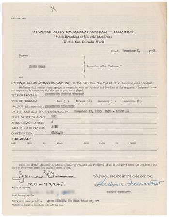 Lot #691 James Dean Signed 1953 Television Contract for Armstrong Circle Theatre - Image 1