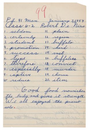 Lot #749 Robert De Niro Signed and Handwritten Schoolwork (1954) - Image 1